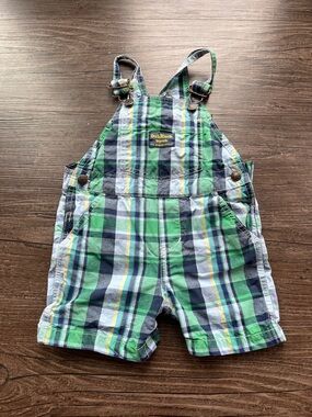 OshKosh B'gosh Green and Navy Plaid Toddler Short Overalls